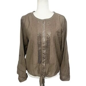 CHICO'S Brown Long Sleeve Tie Front Sequin Embellished Blouse Top Size 2 Large